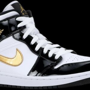 Jordan 1 mid patent black white and gold